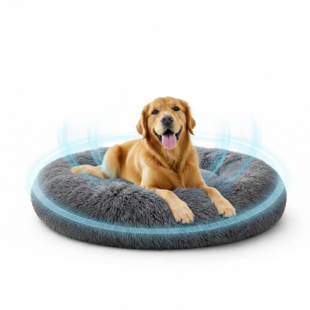 Plush Round Pet Bed for Dogs & Cats, Soft Cozy Donut Calming Bed with Raised Rim, Comfortable Sleeping & Resting Bed for Small & Medium Pets (Grey)