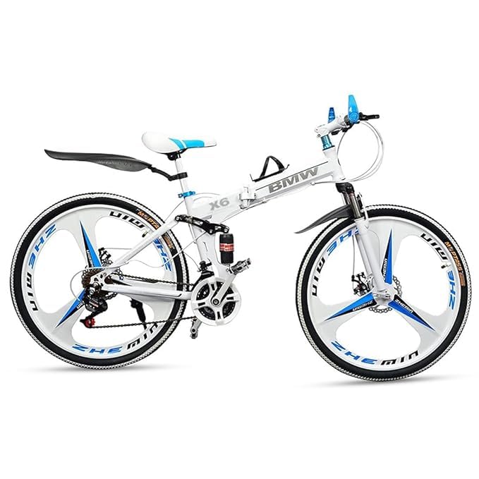Sunspeed Skyride BMV X6 26-Inch Foldable Cruiser Bicycle | Carbon Steel Frame White Bike with 21-Speed Gears, Dual Disc Brakes & Hydraulic Suspension | Perfect for Off-Road & City Rides