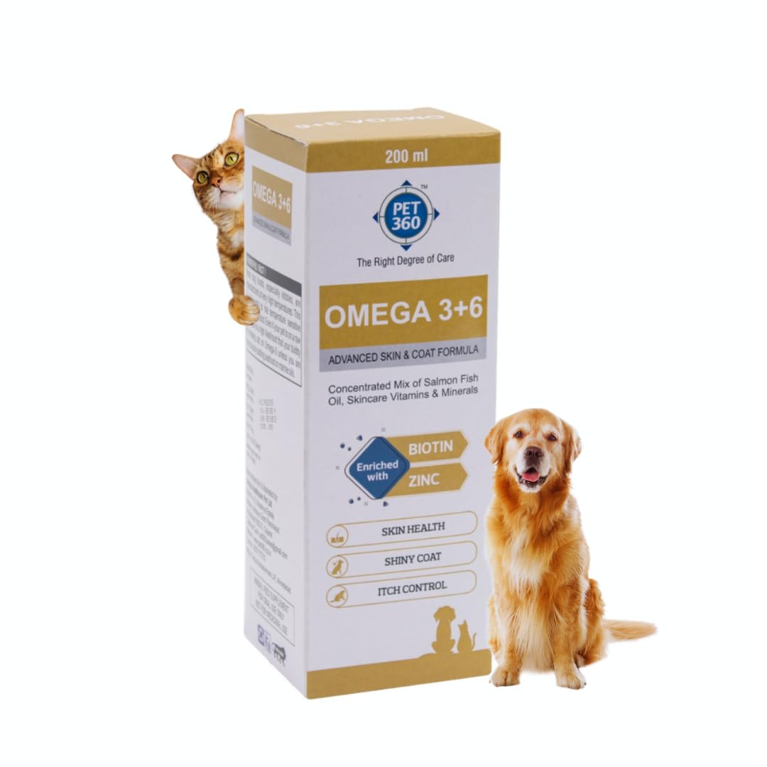 PET360 Omega 3+6 Concentrated Salmon Fish Oil for Dogs & Cats with Vitamins & Minerals | Shinier Coat, Itch & Allergy Control | Improves Skin & Hair Health | Nutritional Supplement for Pets – 200 ml