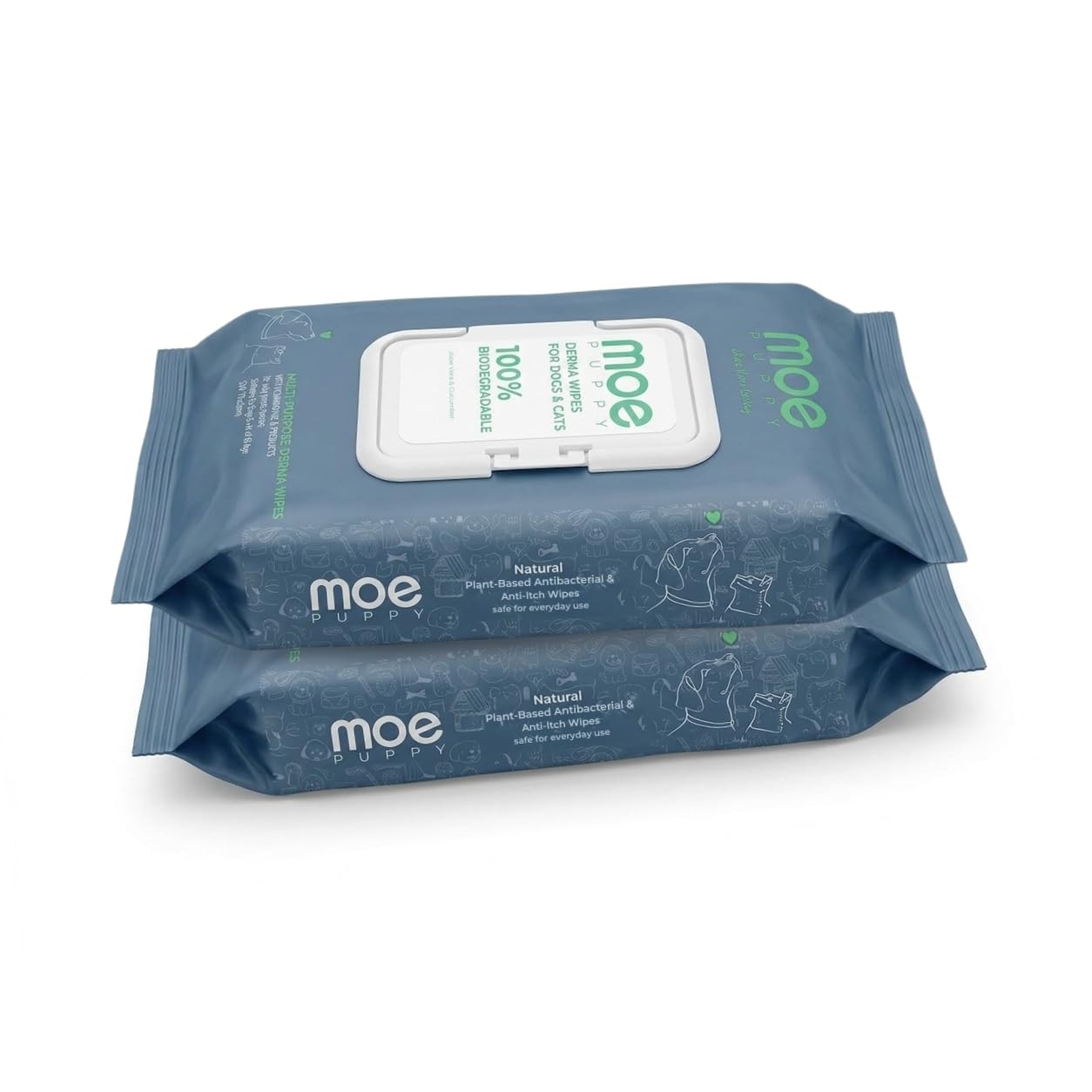 Moe Puppy Derma Wipes for Dogs & Cats | 100 Wipes (Pack of 2) | Biodegradable Pet Wipes | Chlorhexidine & Probiotics | Anti-Itch, Antibacterial | Aloe Vera & Cucumber | Daily Cleaning