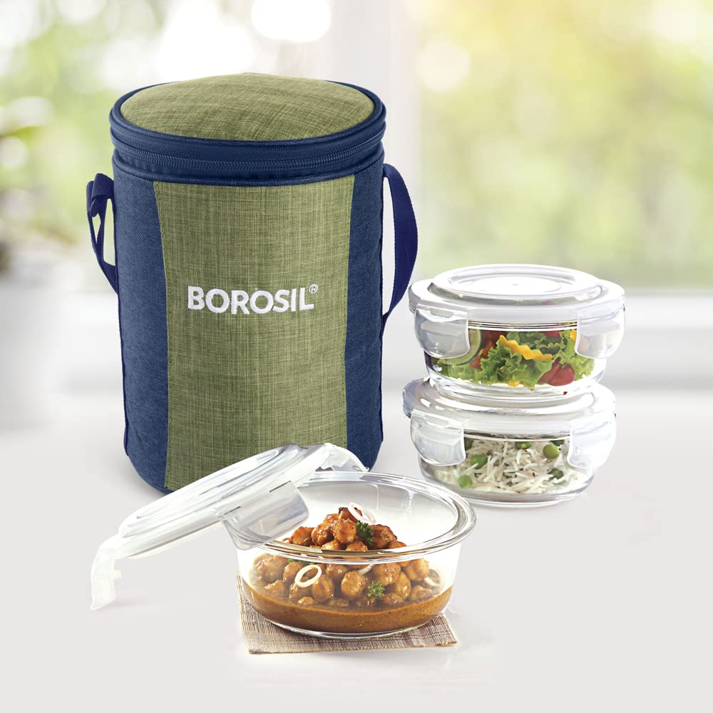 Borosil Ace Series Lunchbox with Bag | 3pc Round Container Set (400ml Each) | Made in India Borosilicate Glass Tiffin | Microwave & Dishwasher Safe Lunch Box for Office, College & School | Horizontal