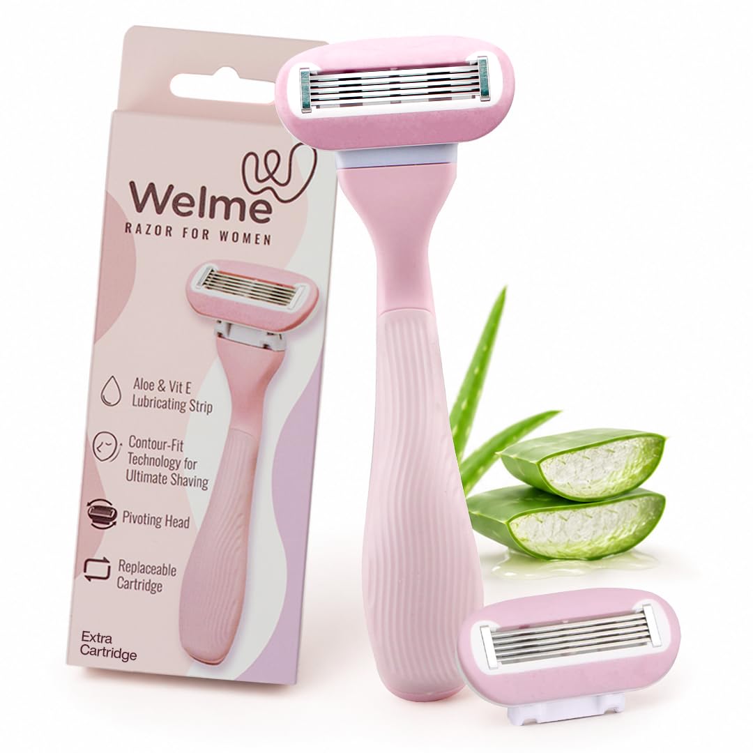 Welme Hair Removal 5 Sweden Steel Blade Razor for Women with Aloe & Vit E Lubricating Strip | Best Reusable Razor for Shaving Private Parts, Face & Pubic Area | Pivoting Head | 1 Extra Cartridge | Contour–fit Technology for Ultimate Shaving | No Bumps, No Cuts | Ideal for All Skin Types (Pink)