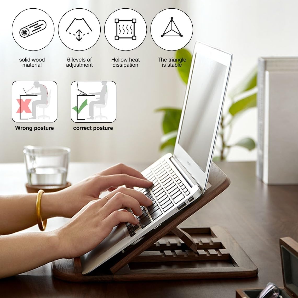 Handmade Wooden Laptop Stand for Desk that is Compatible with iPad, MacBook Pro, Notebook, HP, and Dell Devices and has an Adjustable Height and Foldable Riser 15.6 inches at Most Walnut