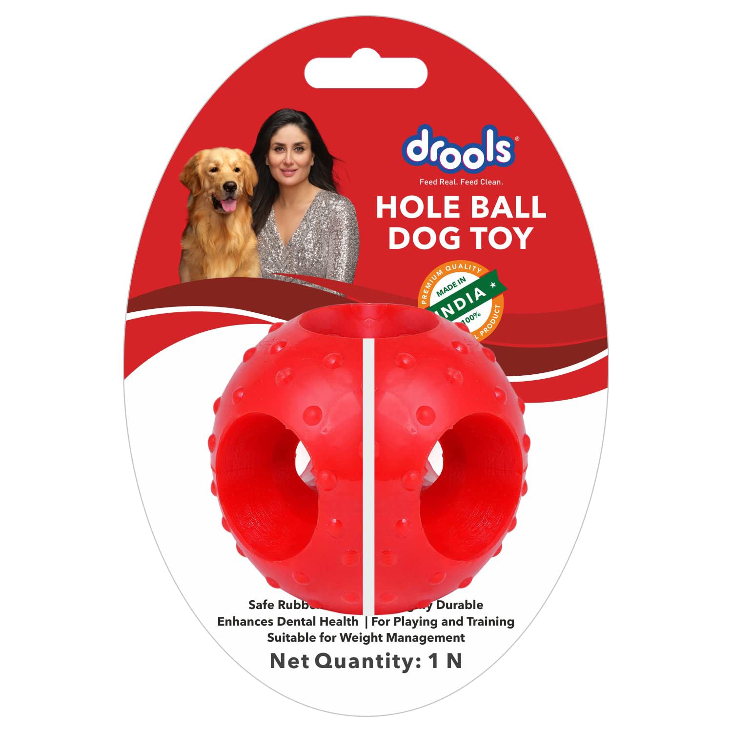 Drools Non-Toxic Rubber Toy for Dogs, Hole Ball (Medium) 7.6 cm Pack | Non Destructive Chewing | Enhance Dental Health | Helps in Weight Management