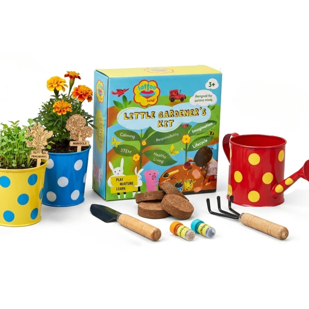 Lattooland Little Gardener’s Kit | Complete Gardening Set for Kids 3-8 Years Old | Gardening Tools, Metal planters, Metal Watering can, Soil, Seeds, Plant Markers | Flower Grow Set | Birthday Gift