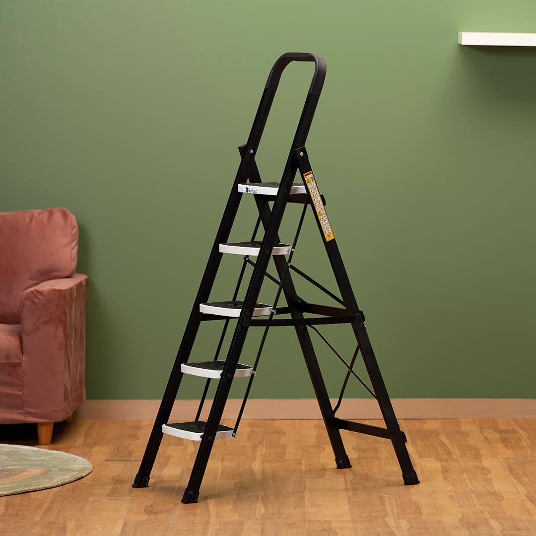 BonKaso Climb Steady Premium Alloy Steel Heavy Duty Multipurpose Foldable 5 Step Ladder with Connecting Frame & Belt Support, Load Capacity Upto 120kg | for Home and Outdoor – (Matte Black & White)