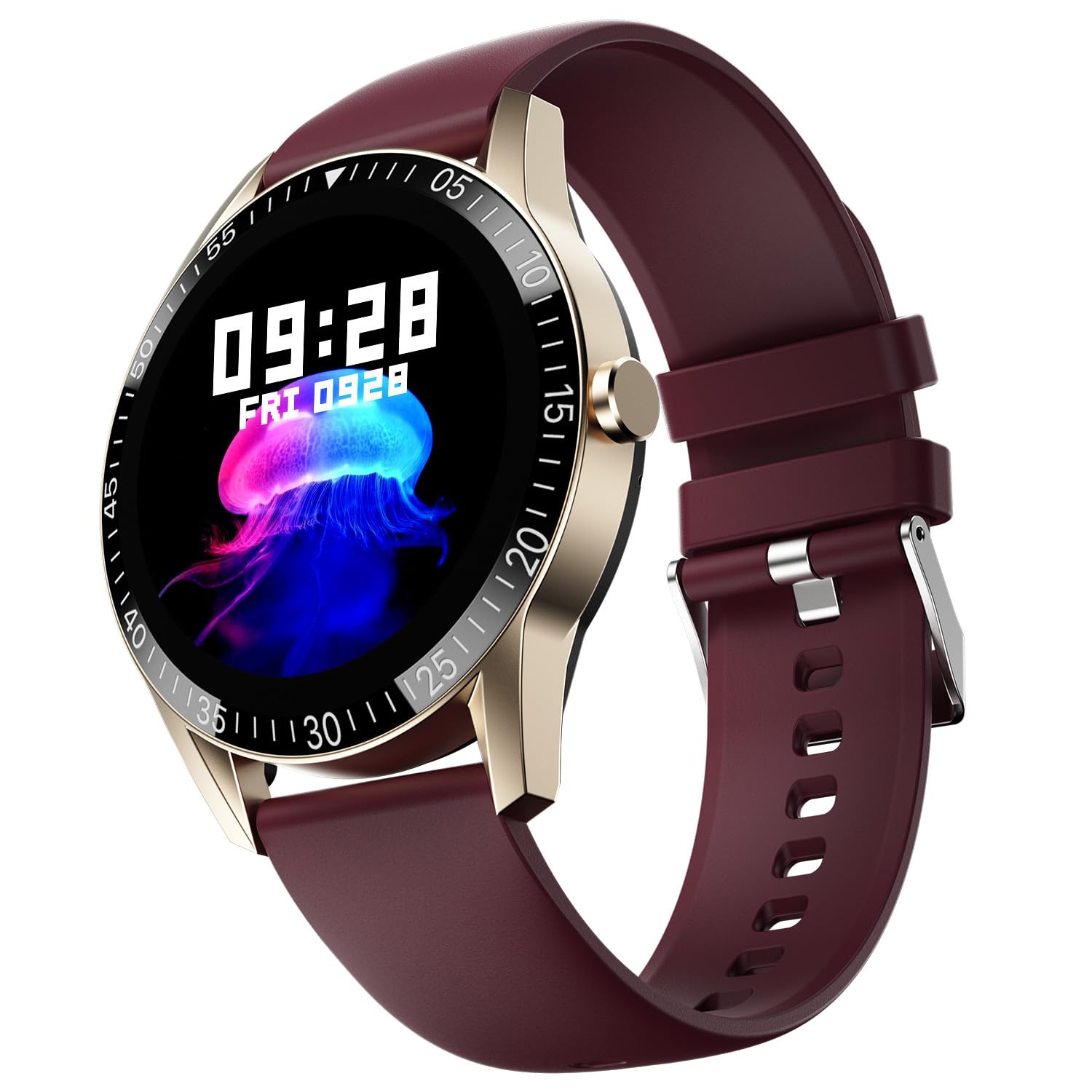 Fire-Boltt Talk Round Smart Watch 1.39″ TFT Display with Bluetooth Calling, Dual Button, Voice Assistance, SPO₂ & Heart Rate Monitor, 120+ Sports Modes, Smartwatch for Men & Women – Wine