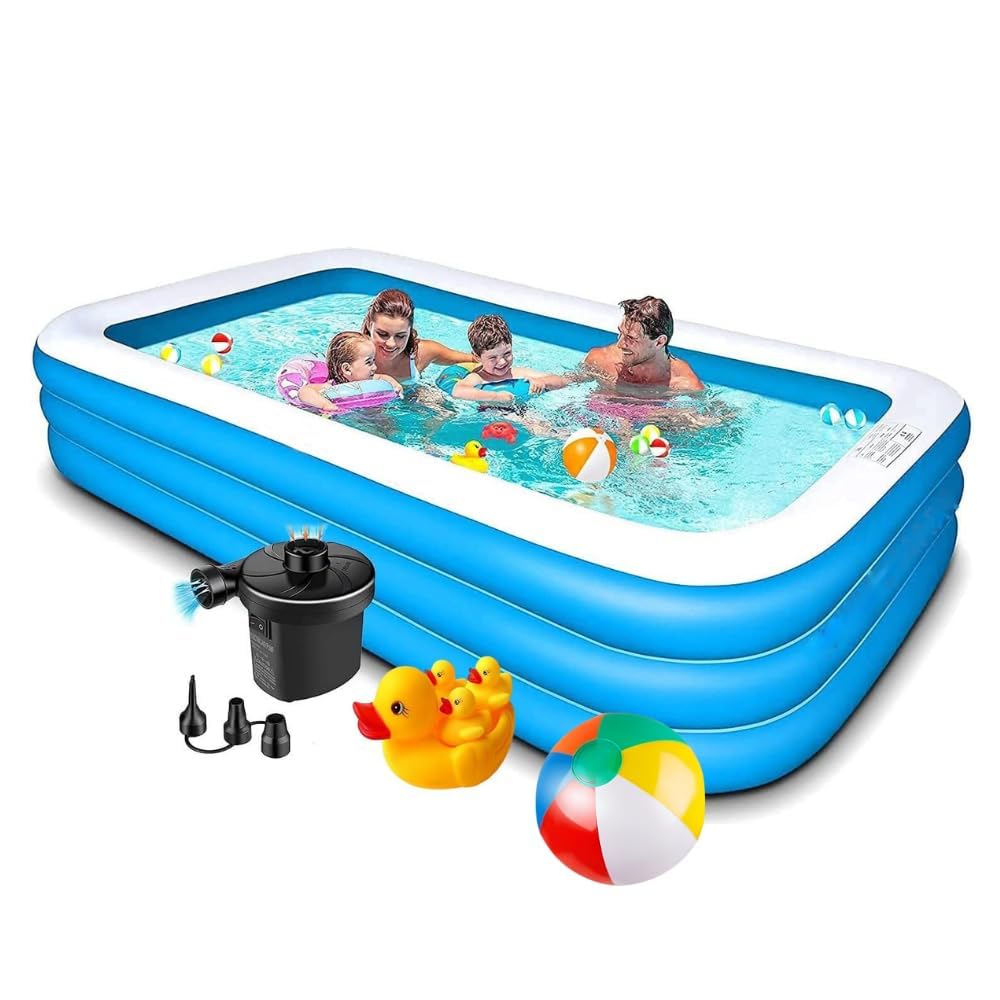 10 Feet 3-Stripped Duck Family & Beachball,Inflatable Swimming Pool – Fun and Spacious Backyard Pool for Kids & Adults, Easy Setup 120x 72″x 22″ Inch,1 * Heavy Duty Electric Air-Pump(1 Pcs.)