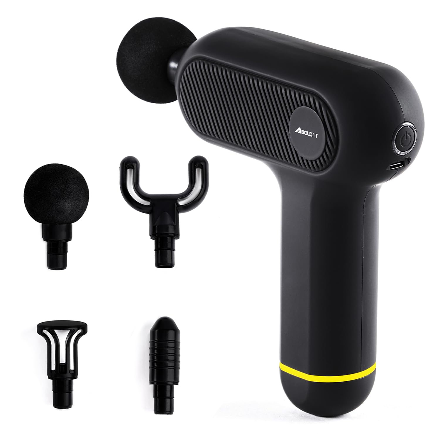 Boldfit Massage Gun for Pain Relief Deep Tissue Compact Massager, 4 Heads, 5 Speeds, Type-C Charging Portable Percussion Gun for Gym, Travel & Home