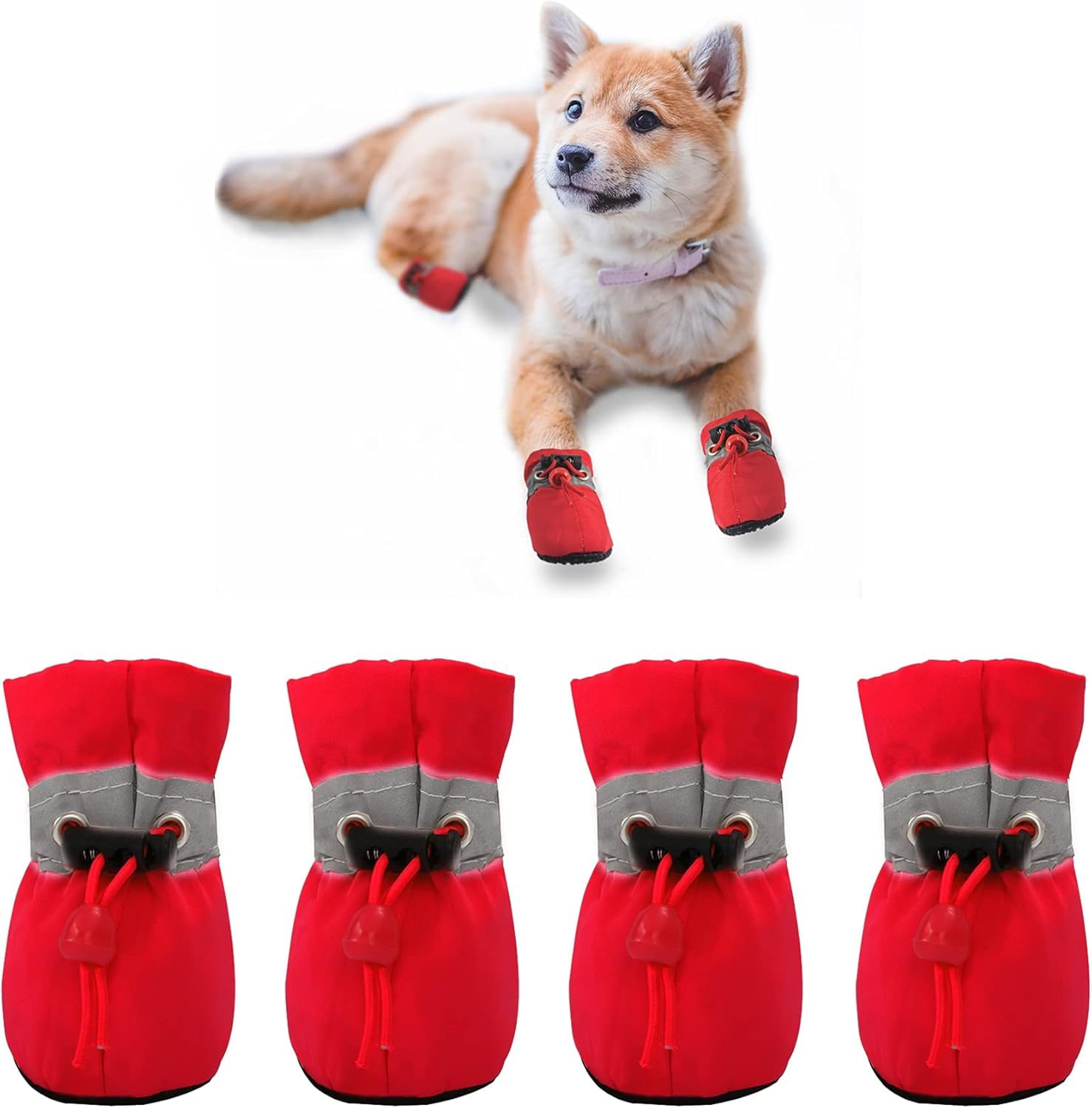 Pet Waterproof and Non-Slip Shoes, Reflective Dog Shoes for Small Dogs, Dog Shoes Anti-Slip Paw Protector Boots – All Weather Pet Footwear, 4 Pcs, Size 5 Red
