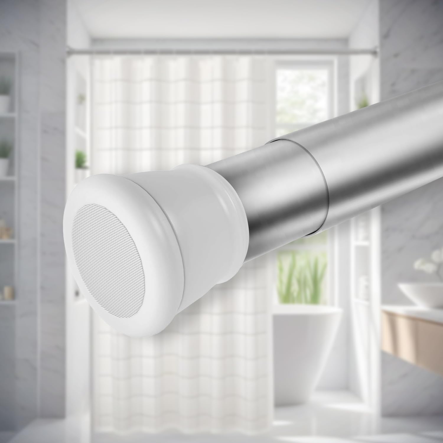 SITTELLA® 85-140Cm Extendable Shower Curtain Tension Rod, Adjustable Tension Without Drilling, Bathroom Curtain, Stainless Steel, White-Silver