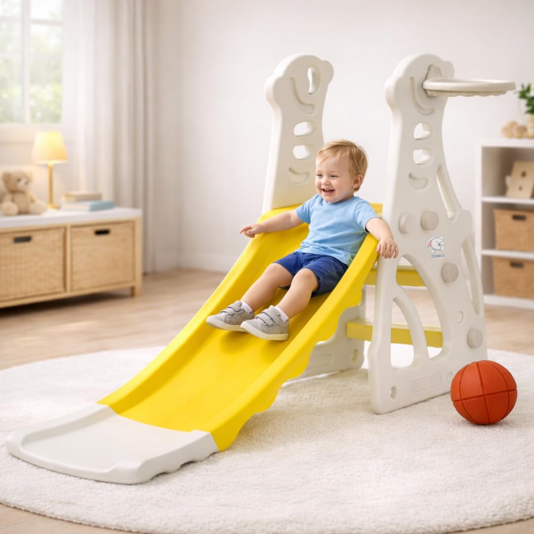 Storio Kids Slide with Basketball Hoop Penguin Theme – Indoor & Outdoor Slide for Kids Ages 2-4 | White & Yellow | Safe, Sturdy & Fun Playset | Easy Assembly Toddler Slide for Boys & Girls