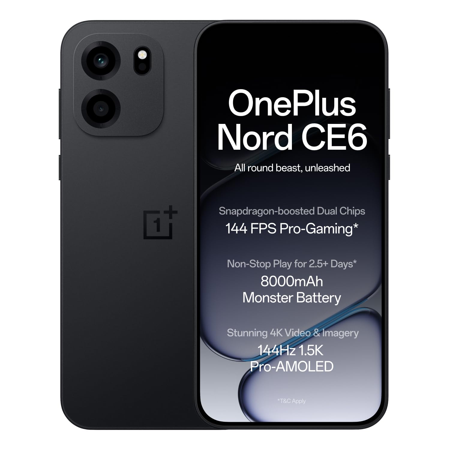 OnePlus Nord CE6 | 8GB+128GB | Pitch Black | Snapdragon 7s Gen 4 | Segment’s Fastest Touch Response | 8000mAh Battery | 144Hz 1.5K AMOLED Display | 50MP Main + 32MP Selfie 4K Cameras | IP66,68,69,69K