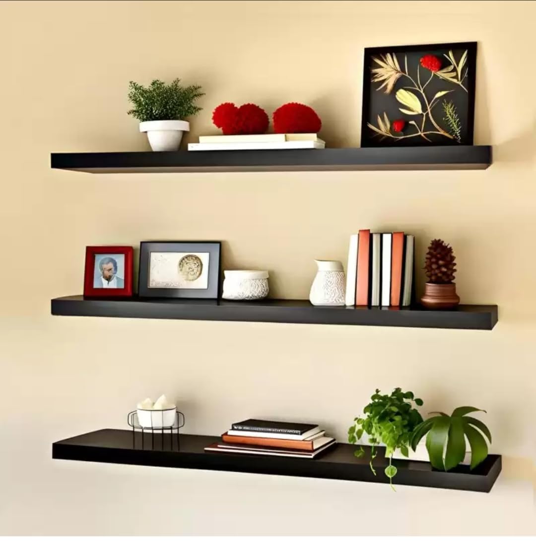 Modern Floating Wall Shelves Set of 3 – Black Wooden Display Shelves for Living Room, Bedroom, Kitchen & Office | Wall Mounted Storage Rack for Books, Plants, Decor & Photos