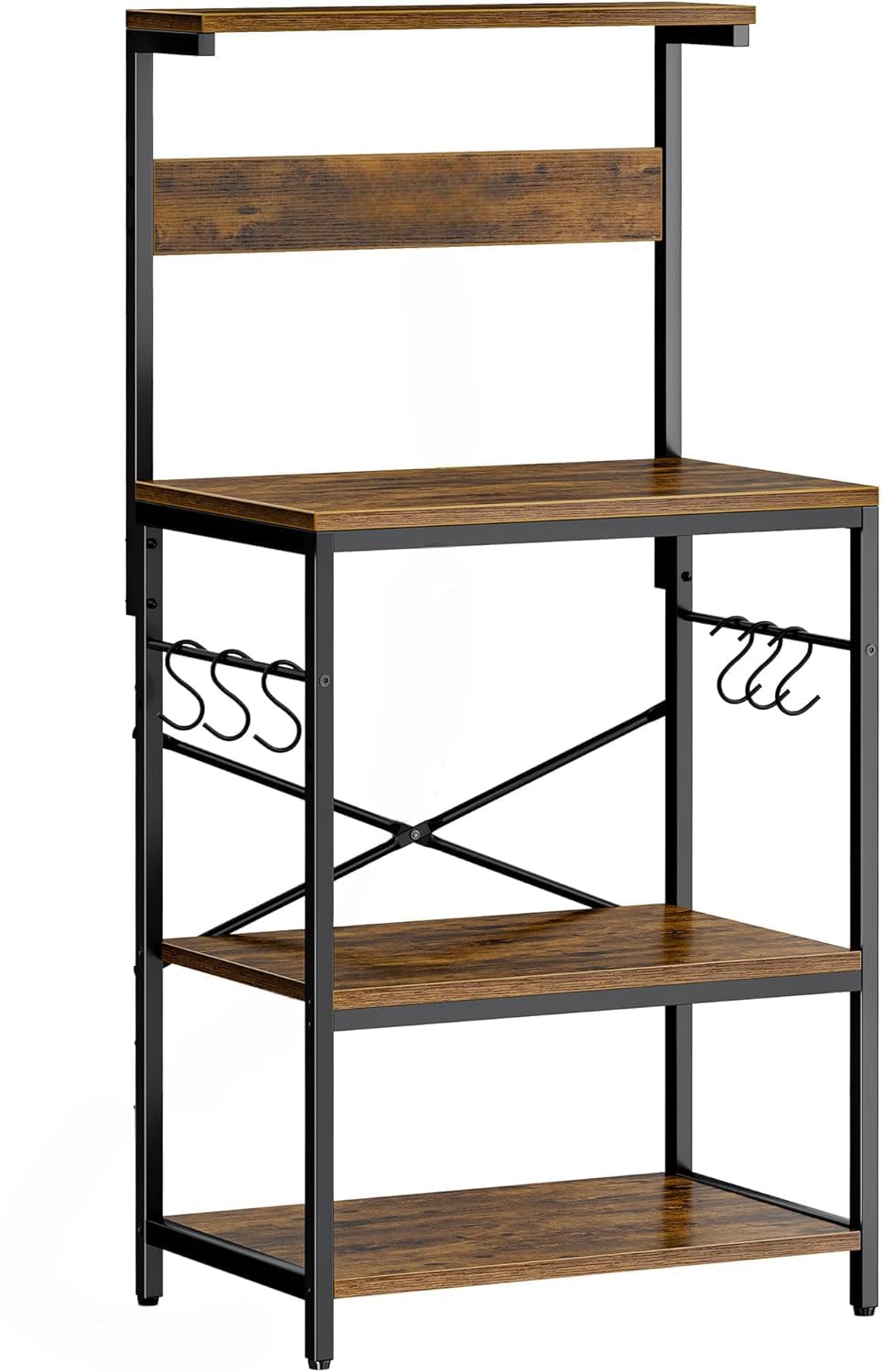 4-Tier Baker’s Rack and Coffee Bar Table | Kitchen Microwave Stand with 6 S-Hooks | Storage Shelf for Spices, Pots and Pans | Rustic Brown | 60x40x125 cm