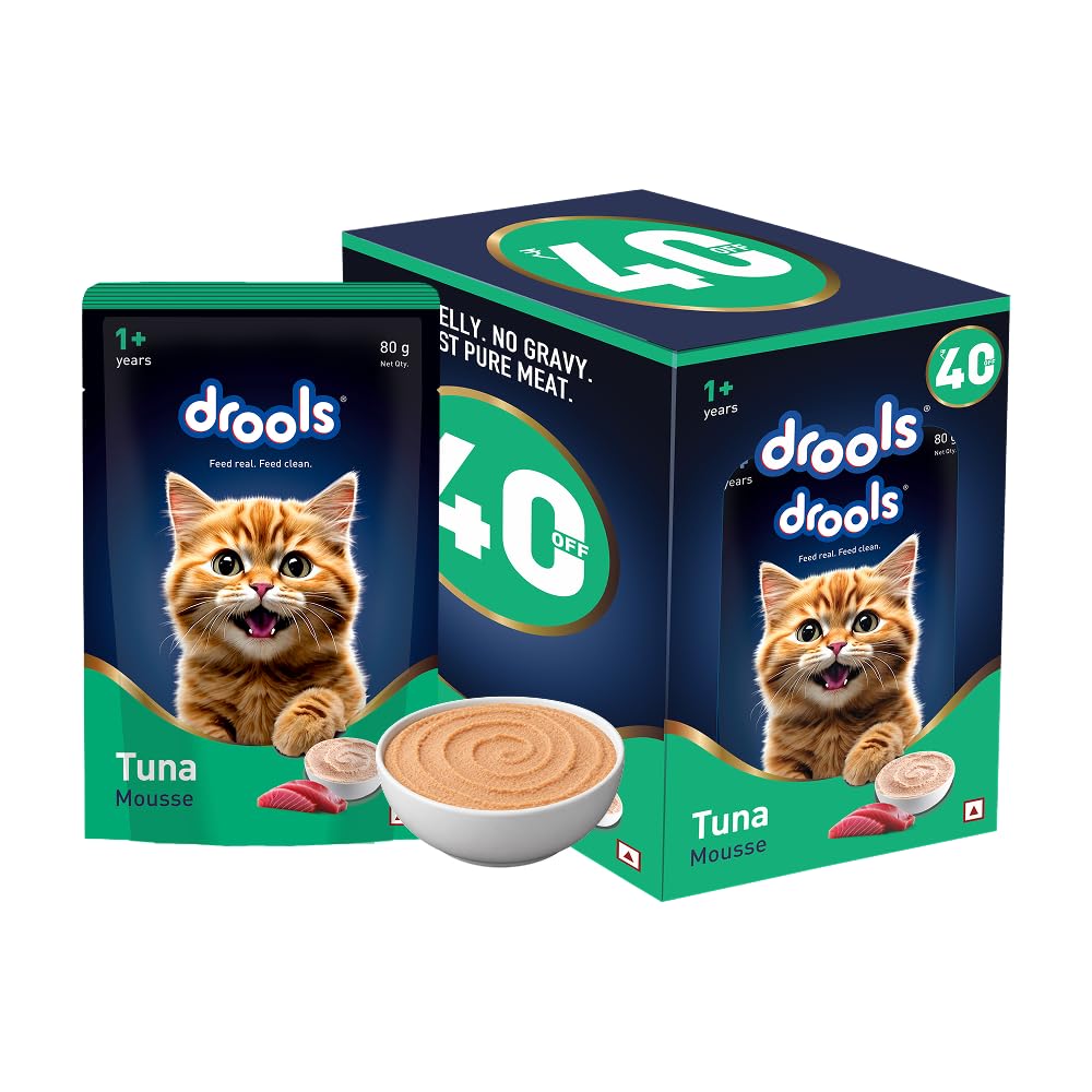 Drools Adult Cat Wet Mousse 80g Pack of 5, 400g | Tuna Flavour | Rich in Protein | Promotes Hydration & Easy to Digest | No Artificial Flavours | Packed with Essential Vitamins & Antioxidants