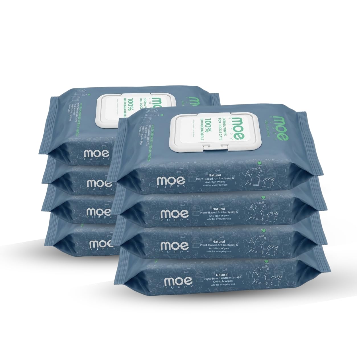 Moe Puppy Derma Wipes for Dogs & Cats | 400 Wipes (Pack of 8) | Biodegradable Pet Wipes | Chlorhexidine & Probiotics | Anti-Itch, Antibacterial | Aloe Vera & Cucumber | Daily Cleaning