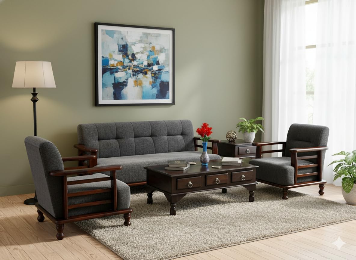 DaneWood Wooden 5 Seater Sofa Set – 3+1+1, for Living Room, Drawing Room, Office & Lounge | Solid Sheesham Wood, Fabric (Brown)