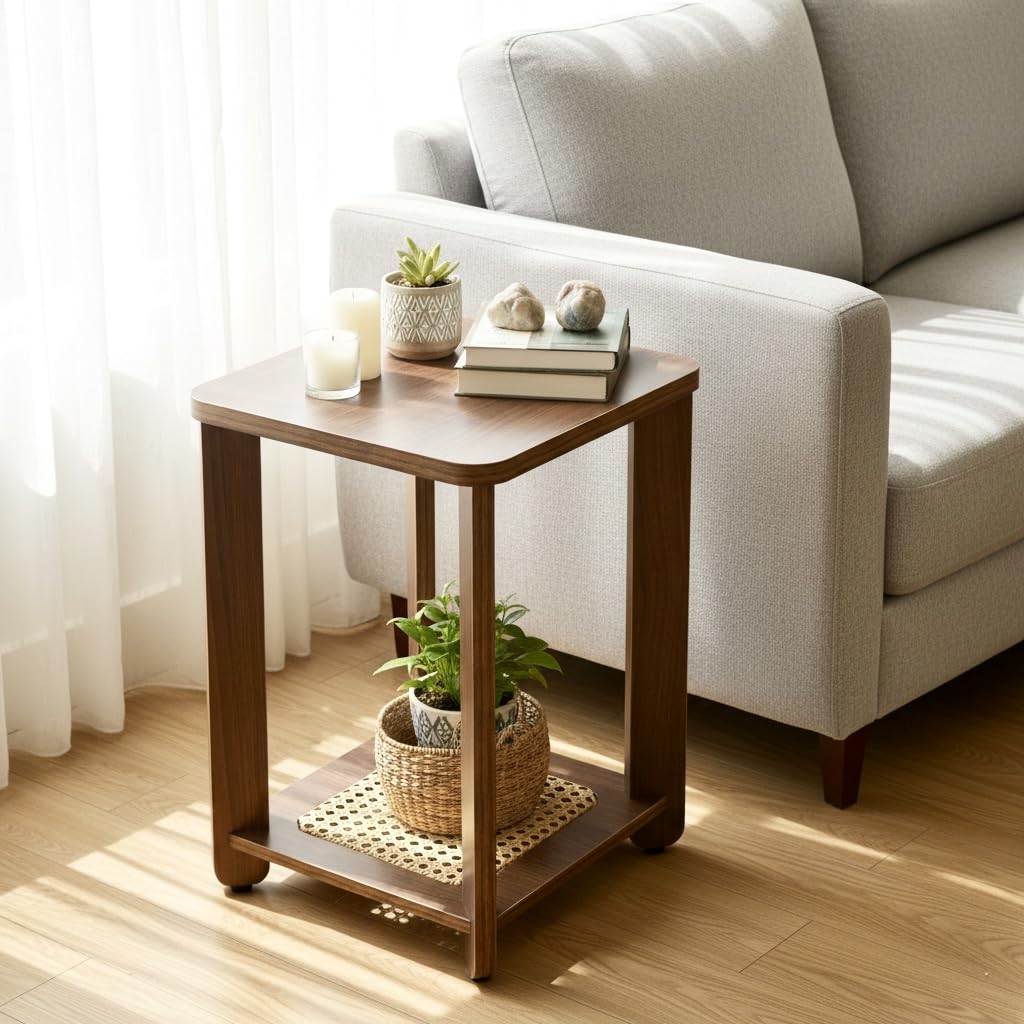 InoSlashed Beautiful Wooden Side Table/End Table/Plant Stand/Tea Table/Stool Living Room Furniture Square Shape with Rattan Webbing (17 Inch Height) (Columbian Walnut)