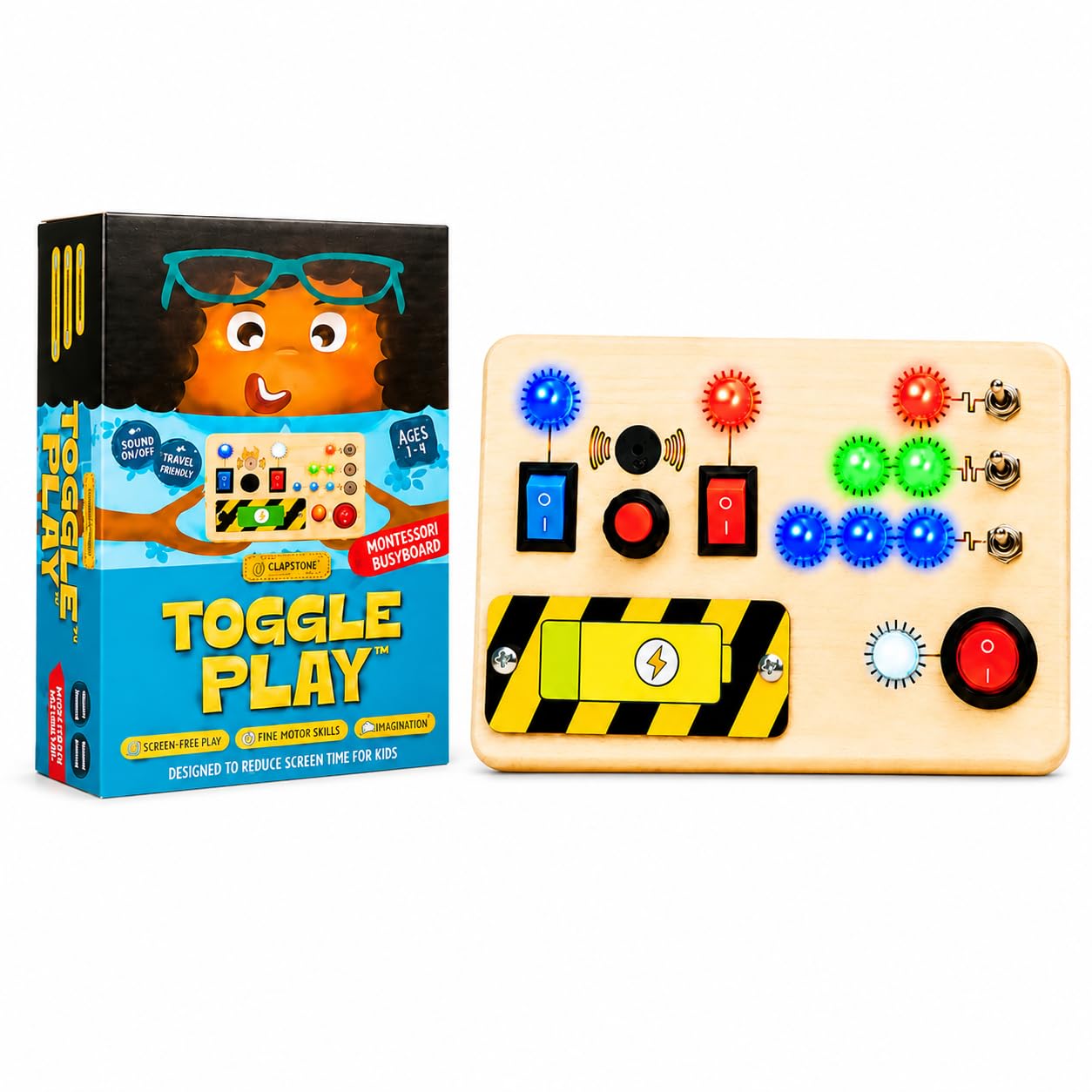 Clapstore Toys Montessori Toggle Play Busy Board with LED Light, Wooden Sensory Activity Board for Toddlers & Kids 1-6 Years, Hand-Eye Coordination & Brain Development for Boys & Girls