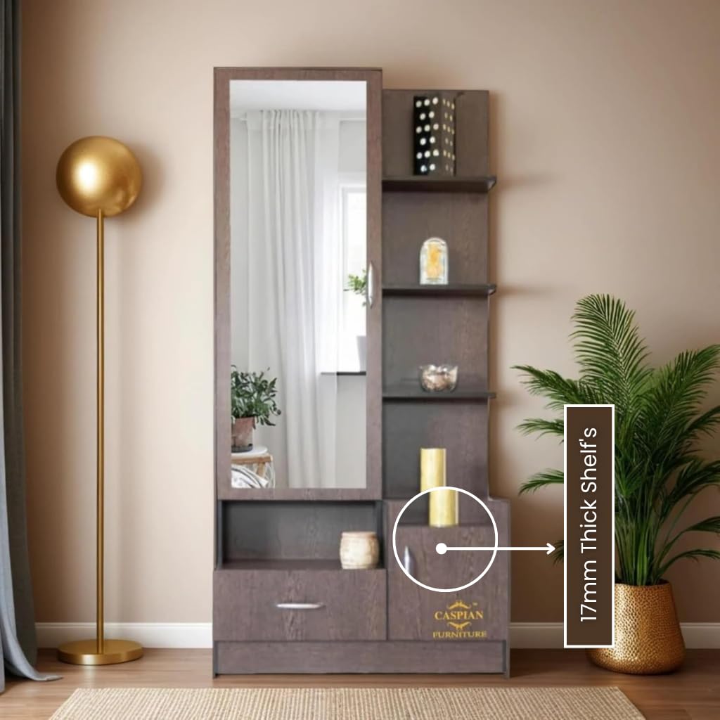 CASPIAN Engineered Wood Single Door Wooden Vanity Dressing Table (Brown) | Pre-Assembled Furniture with Mirror | Makeup & Accessories Storage Organizer with 4 Shelves, 1 Cabinet & 1 Drawer