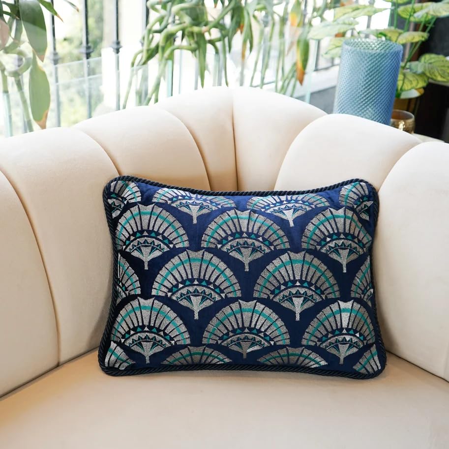 Luxury Velvet Cushion Cover| Premium Blue Embroidered Geometric Fan Design Decorative Throw Pillow Cover for Sofa, Living Room, Bedroom & Office (Navy Blue)