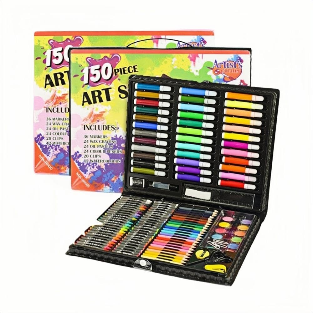 Cable World Arts and Crafts Supplies, 150-Pack Drawing Painting Set for Kids Girls Boys Teens, Coloring Art Kit Gift: Crayons, Oil Pastels, Watercolors Cake, Colored Pencils Markers