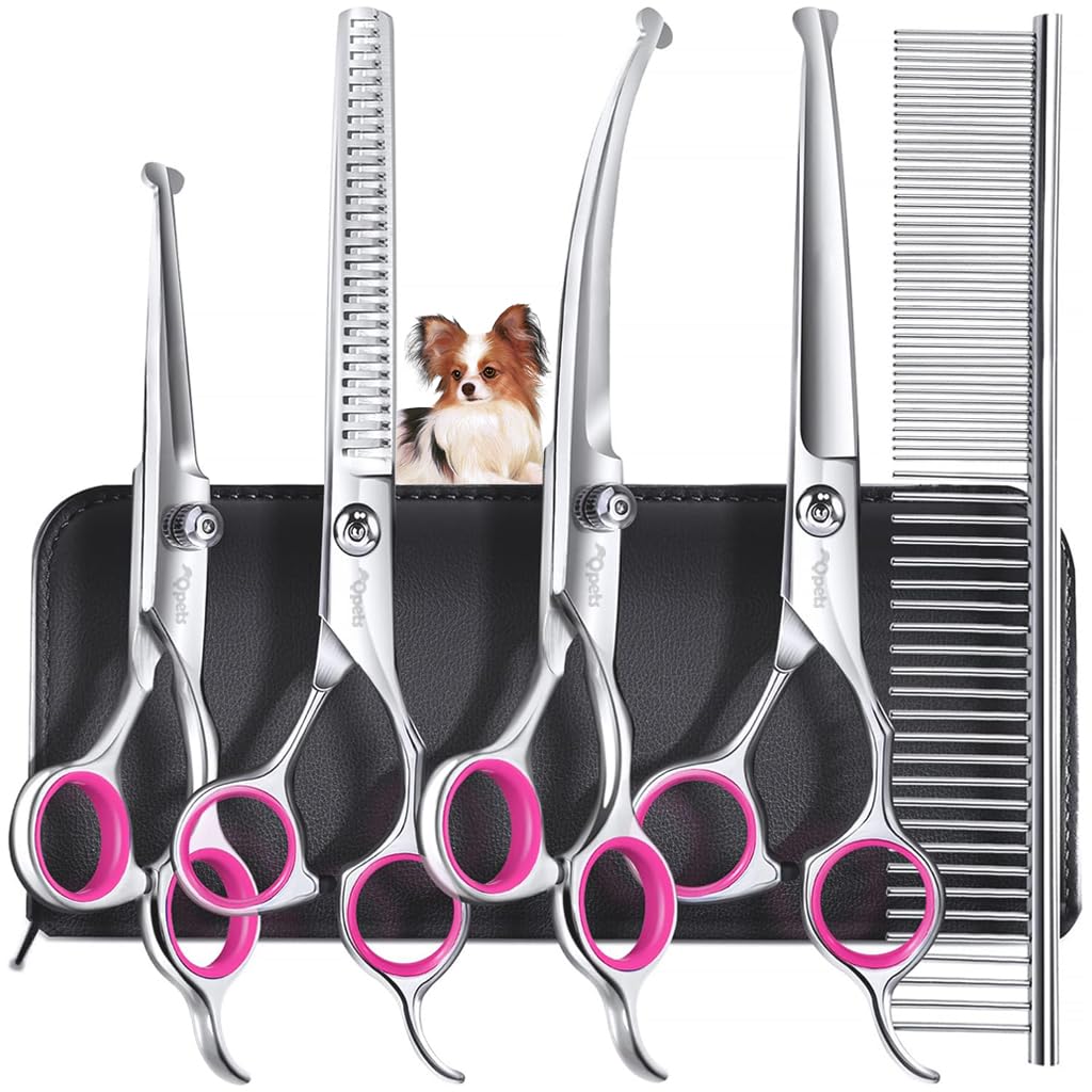Qpets Dog Grooming Kit 5 Pack, Stainless Steel Pet Scissors Set | Smooth Trimming, Helps Reduce Pulling and Snags, Stainless Steel Blades, Comb and Shears, Customer Support