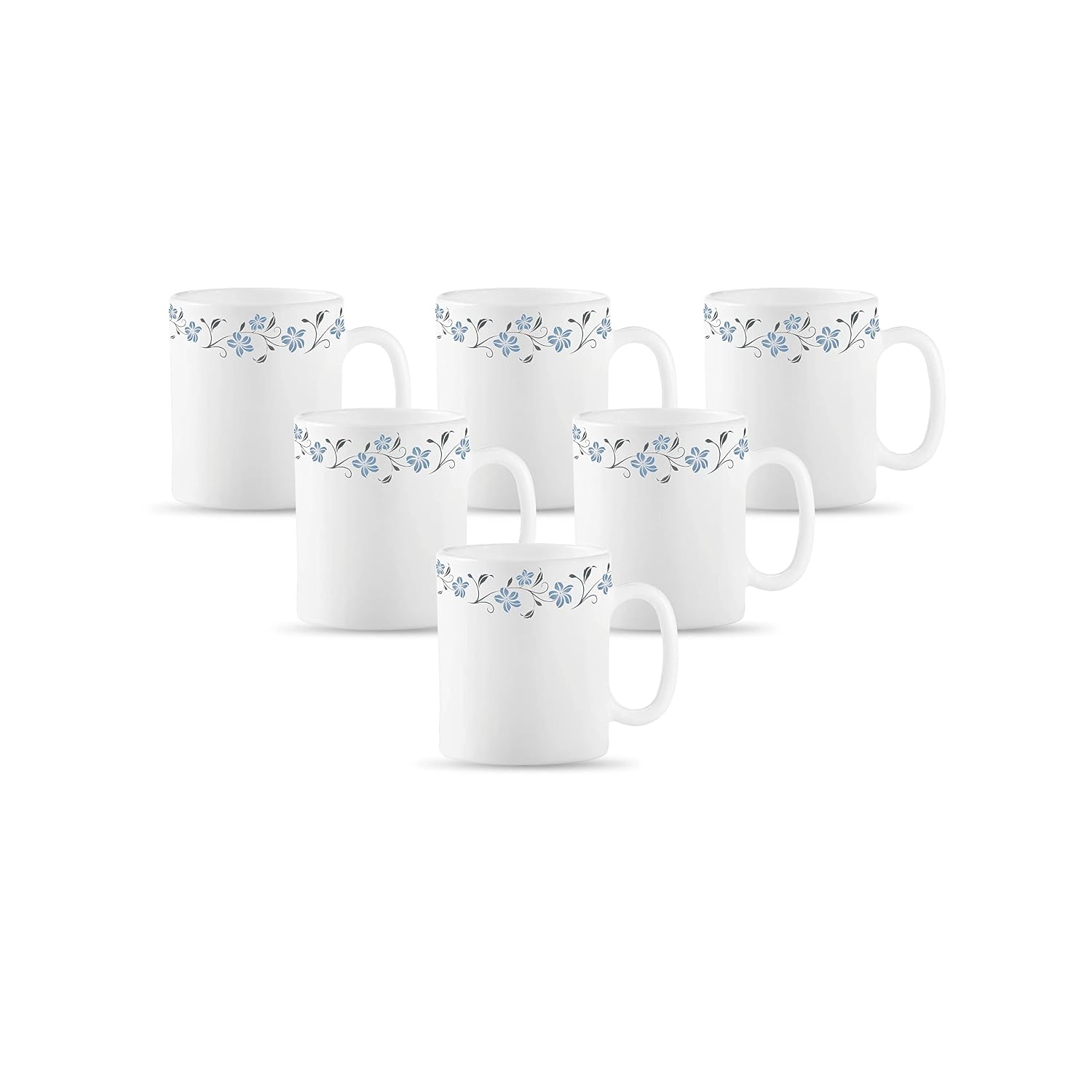 La Opala Diva, Opal Glass Coffee Mug Set Cylinder Regular 6 Pcs, Grace Blue, White, Standard – 180 Ml