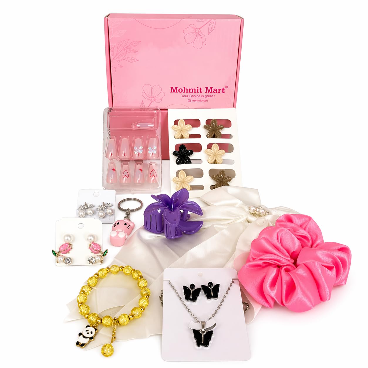 10 Pcs Trendy Hair Accessories & Jewelry Gift Set for Girls & Women | Random Designs as per Latest Trend | Pink Gift Box Included