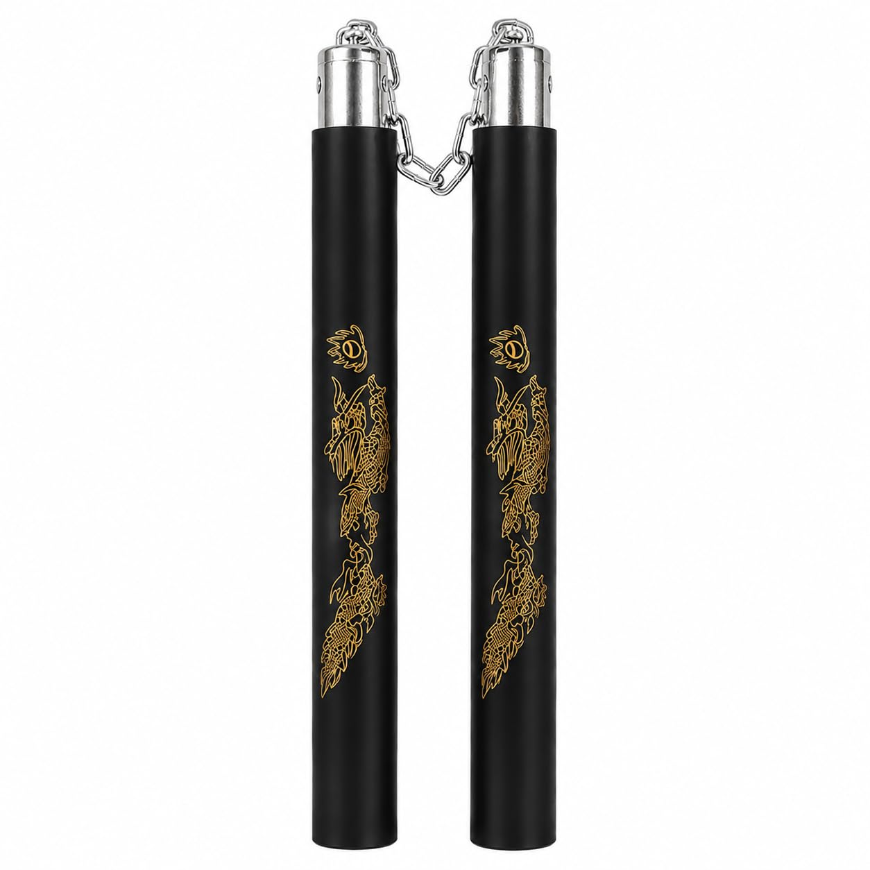 Dragon Design Foam Training Nunchaku with Metal Chain | Martial Arts Practice Nunchucks | Lightweight Training Stick | Black | Comfortable Foam Handle