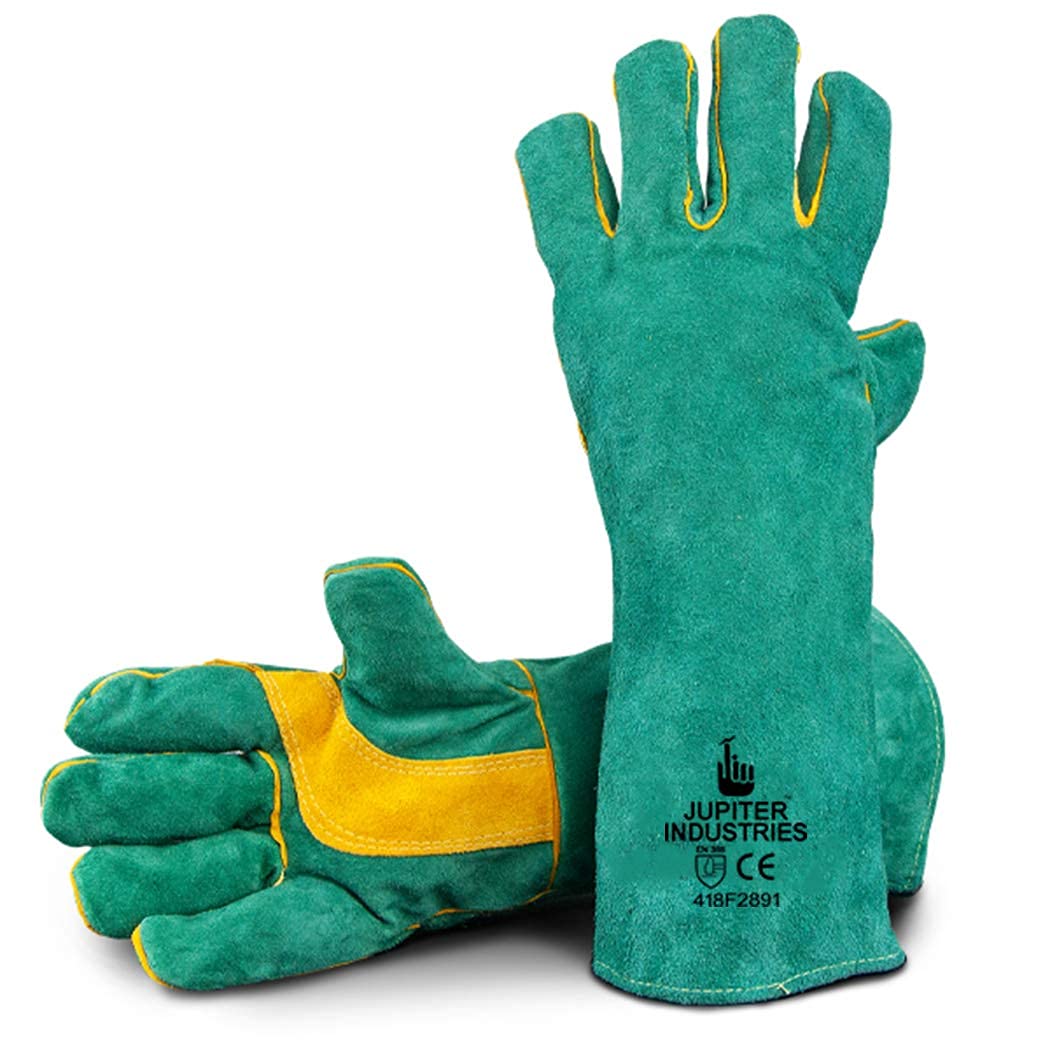 Animal Handling Leather Gauntlet Gloves, Bite Proof Protection from Dog, Cat, Bird, Kevlar Stitch Gloves for Vets, Groomers, Pet Owners (Green-Yellow, 16 inch, Pack of 1 Pair)