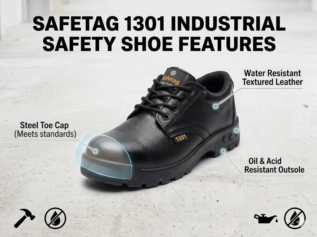 Safetag Men's Safety Shoes | Labour | Cushioned Footbed | Puncture Proof | Comfortable Fit | Leather Safety Shoes for Men | Black, Leader