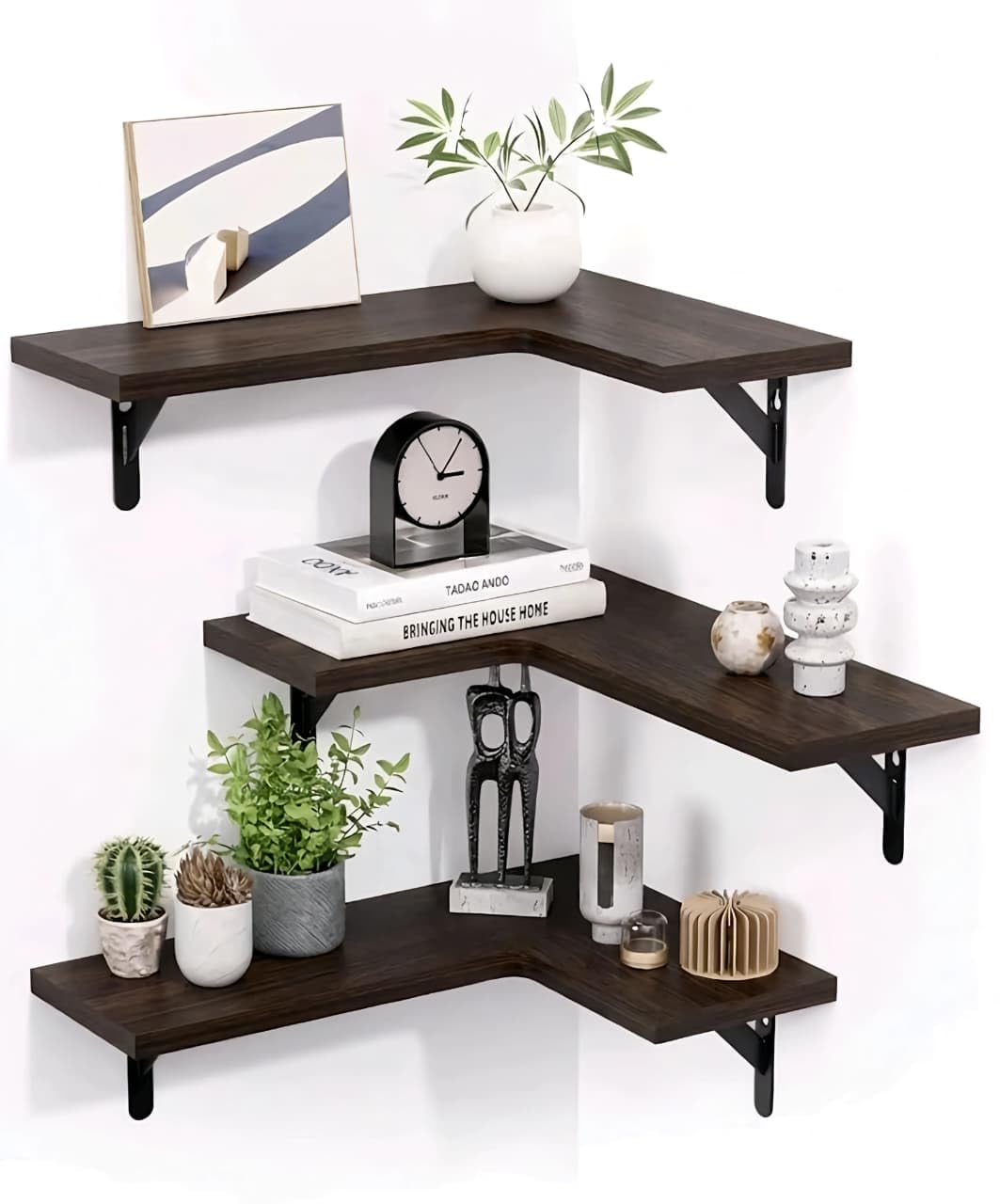 Shoper cart Corner Wall Shelf Set, Shelf, Wall Mounted Shelves, Wall Shelf for Bedroom, Wall Shelves for Living Room, Book Shelf for Wall, Brown, 40 x 30 x 16 cm, (Brown (Set of 3))