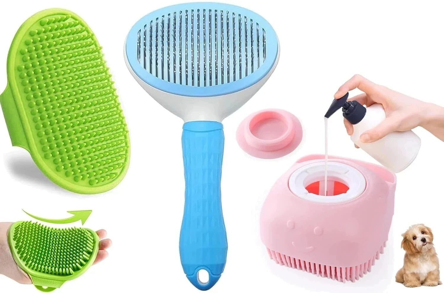 Dog Grooming Kit, 3-in-1 Combo Set with Self-Cleaning Slicker Brush, Rubber Bath Brush and Dual-Ended Toothbrush for Dogs and Cats, Pack of 3