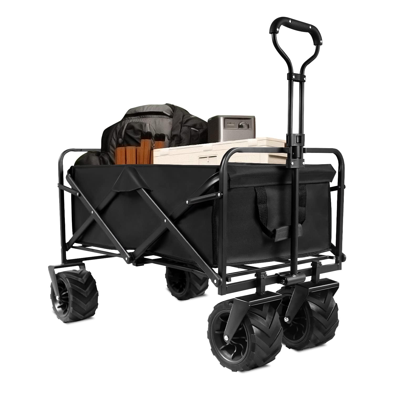 Collapsible Foldable Wagon, Heavy Duty Beach Cart, Folding Wagon Portable, Black Large Capacity Utility Wagon, Garden Cart with Adjustable Handle Shopping, Camping, Outdoor 60cm*88cm*50cm (Big)