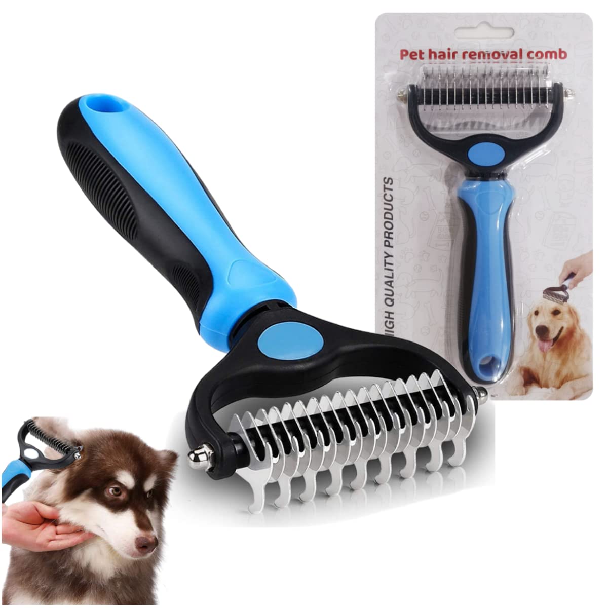 NA 2-in-1 Pet Grooming Tool, Dematting Comb for Dogs and Cats, 2-Sided Undercoat Rake Cat Matte Fur Remover for Long Haired Cats, Dog Tangles Removal (Blue)
