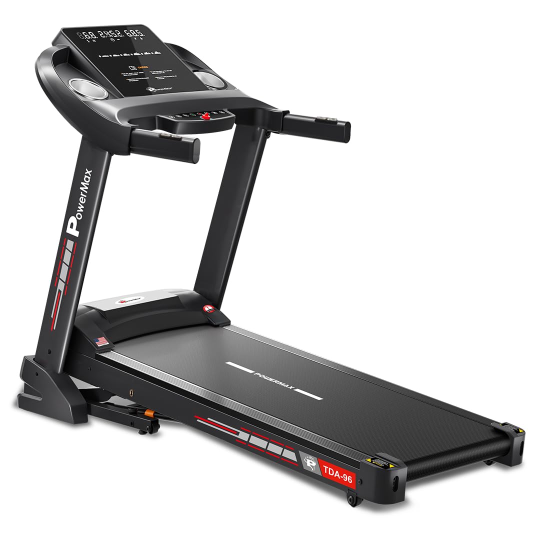 PowerMax Fitness TDA-96 4HP Auto Incline Treadmill for Home Use | 110KG User Wt. | Bluetooth for Music & Tracking App | 12 Pre-Set Program | Heart Rate Sensors & Hydraulic Folding, LED Display