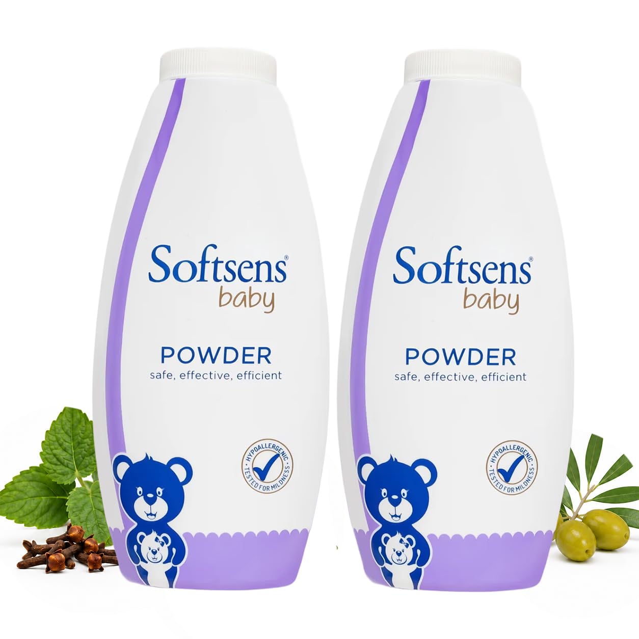 Softsens Baby Powder 200g each (Pack of 2 x 200g) | Ideal For New Borns and Infants | Mild Scent with Clove Leaf Oil | Absorbs Excess Moisture, Reduces Chafing | Dermatalogically Tested & Paraben, SLS & SLES Free
