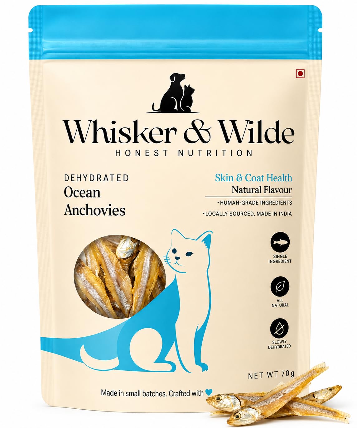 Dehydrated Anchovies | Cat Treats | Natural Taurine & Omega-3 | Heart Health & Silky Coat | Training and Reward | Dental Chew | Human-Grade | No Preservatives | 70g