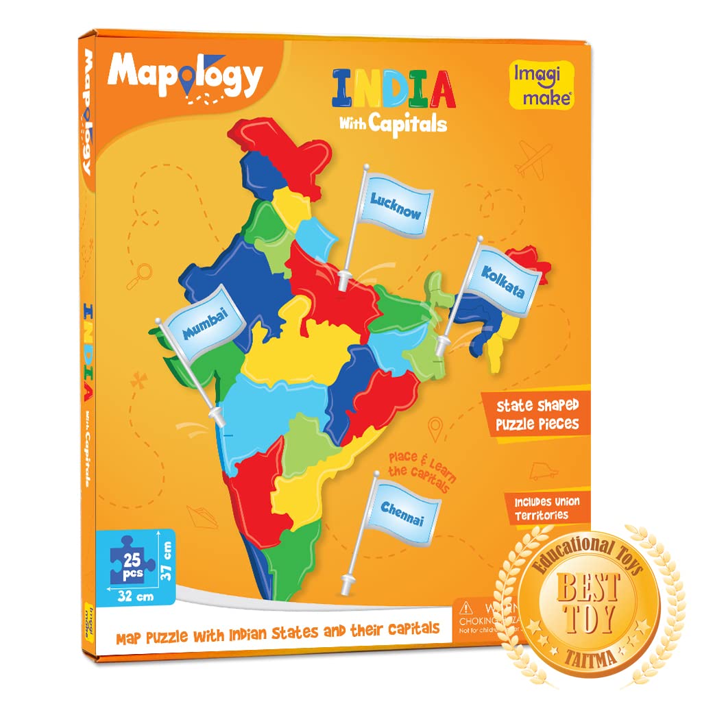 Imagimake Mapology India with State Capitals | Educational Toy | Age 5+ | EVA foam India map puzzle with 24 state pieces, 35 flags & capital stickers; learn states, capitals & geography for age 5+
