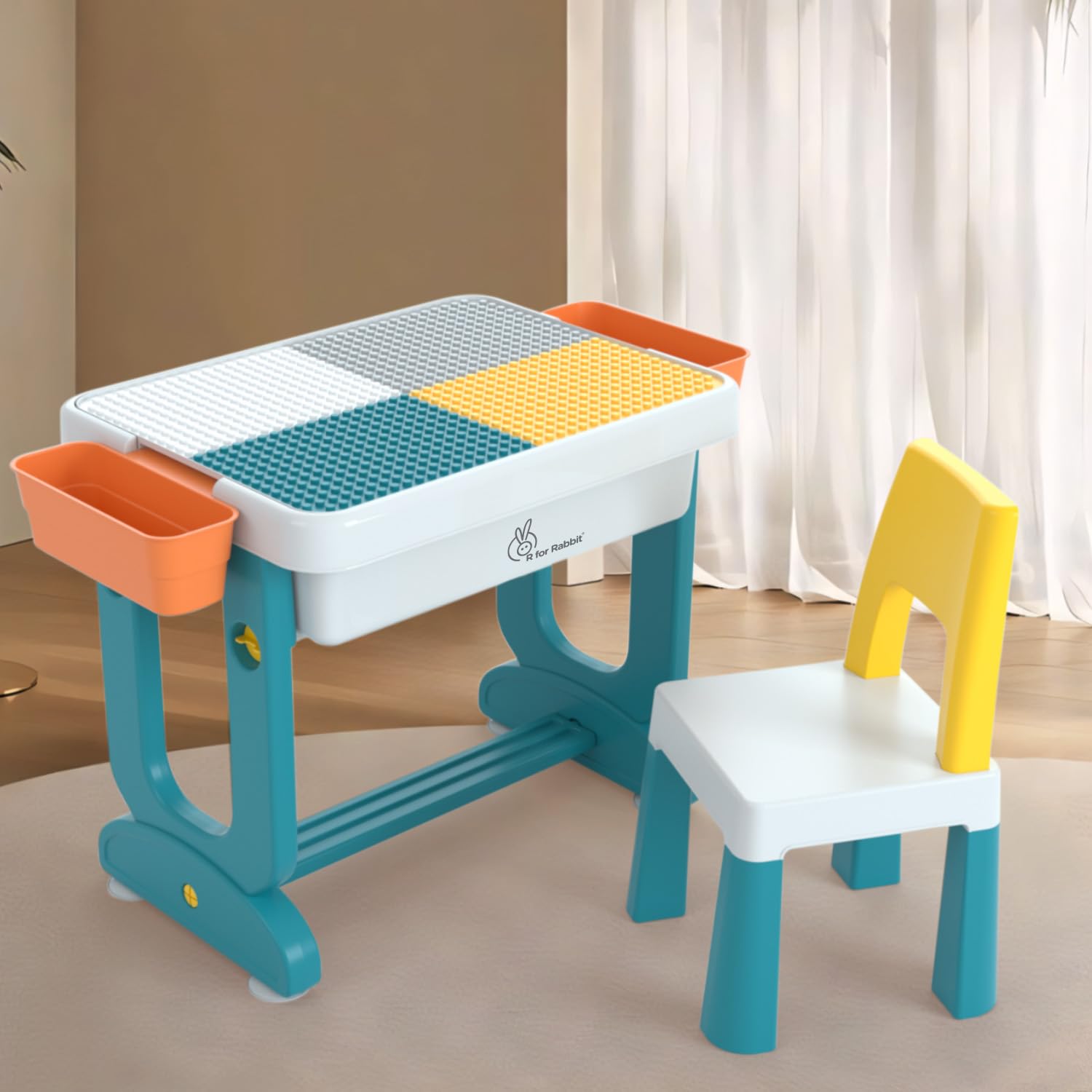 R for Rabbit Little Genius Learner Kids Study Table Set with Chair, 4 in 1 Multifunctional Desk Set for 3-7 Years Kids, Up to 45kgs Weight Capacity (Blue White)