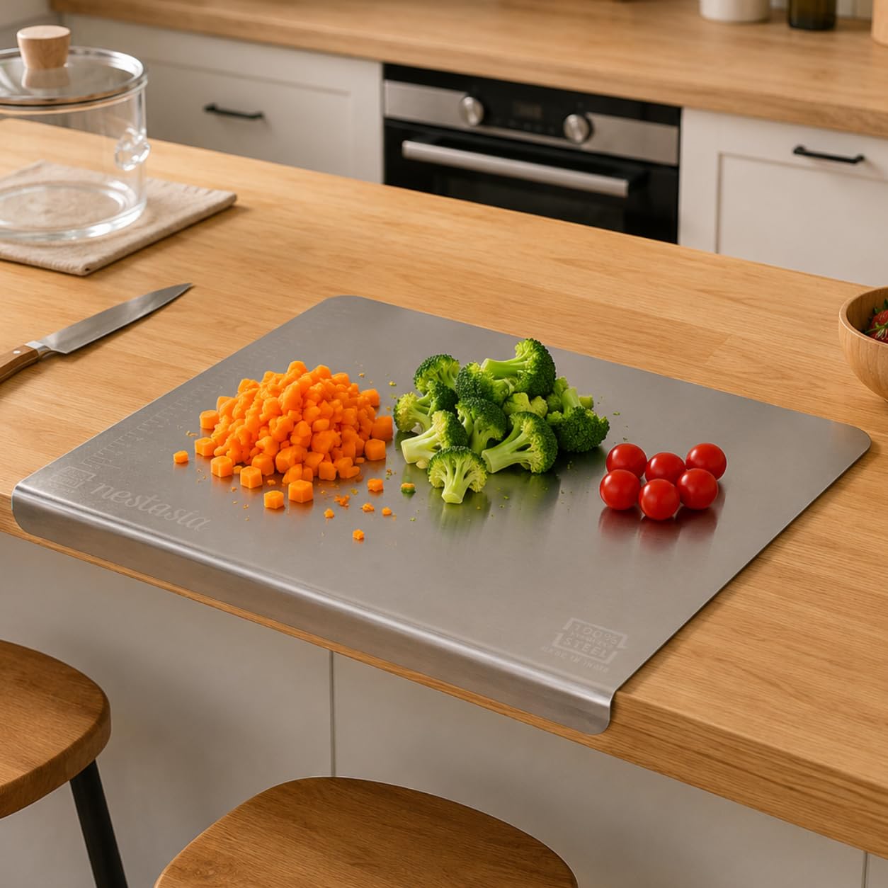 Nestasia Stainless Steel Counter Top Chopping Board (41.5cm x 29cm) | Anti-Slip Rustproof Cutting Board with Measurement Markings for Chopping Fruits & Vegetables