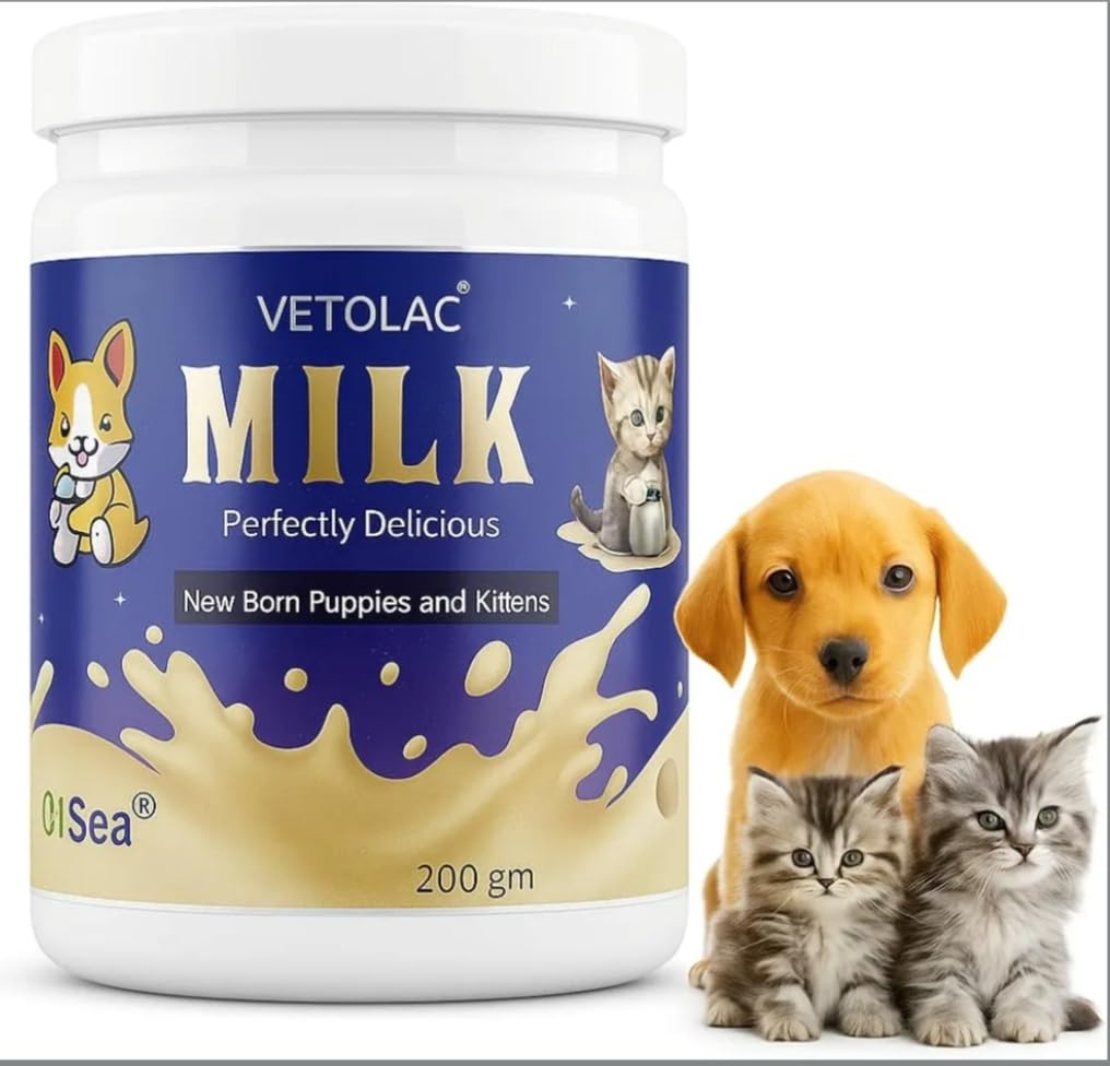 Vet O LAC Milk 200g Powder (Pack of 1) Weaning & Growth Formula for Newborn Puppies & Kittens | Puppy Milk Replacer + Growth Support | Enriched with Probiotics, Vitamins, Minerals