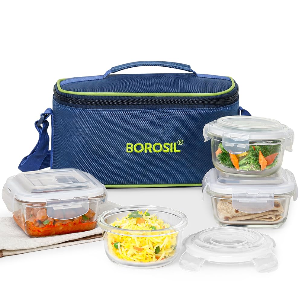Borosil Klip n Store Universal Lunchbox | 320ml x 2 Square + 240ml x 2 Round Container Set | Made in India Borosilicate Glass | Microwave & Dishwasher Safe | Tiffin for Office/School/College