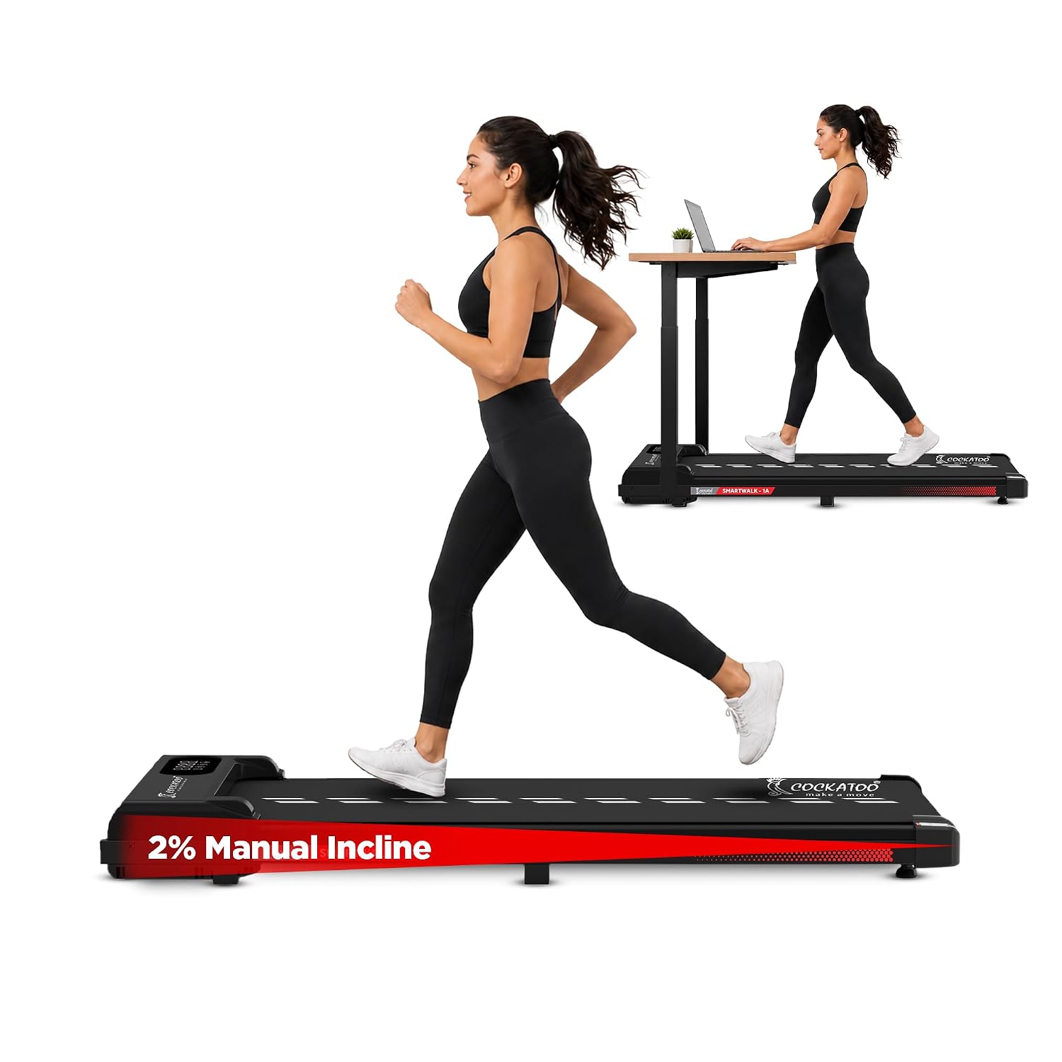 Cockatoo SmartWalk 1A Slimmest Walking Pad for Home, with Speed 1-6Km/Hr, 3HP Peak, 2-Level Incline Underdesk Treadmill (Max Weight:100 kg)