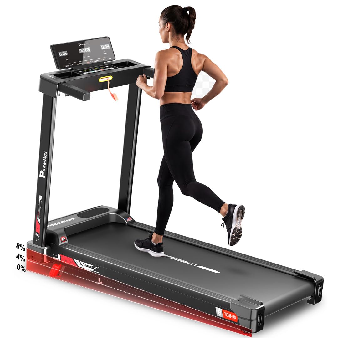 PowerMax Fitness TDM-95 4HP BLDC Motorized Treadmill for Home Use | 1.0-10 km/h Speed | 2-Level Manual Incline | Running Surface 950 x 385mm | LED Display | 12 Programs | Shock Absorption System
