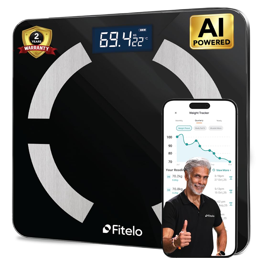 Fitelo Smart BMI Weight Scale | Track 25+ Body Parameters, Body Fat & Muscle Mass | 100+ User Profiles | 2 Yr Warranty | Large Foot Area | Free App Sync & Health Report Card | For Home & Gym Fitness