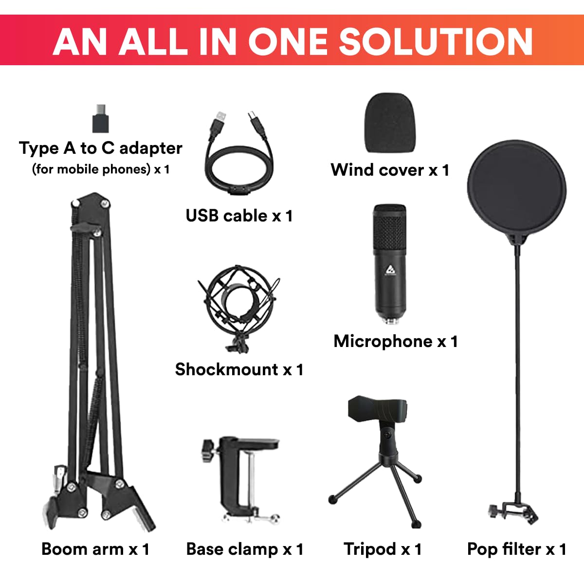 Audio Array USB Condenser Microphone Kit | for Podcasting, Online Meeting, Gaming, Singing & Live Streaming | Boom Arm, Pop Filter, Mic Cover, Spider Shock Mount, Tripod & 2.5M USB Cable | AM-C1