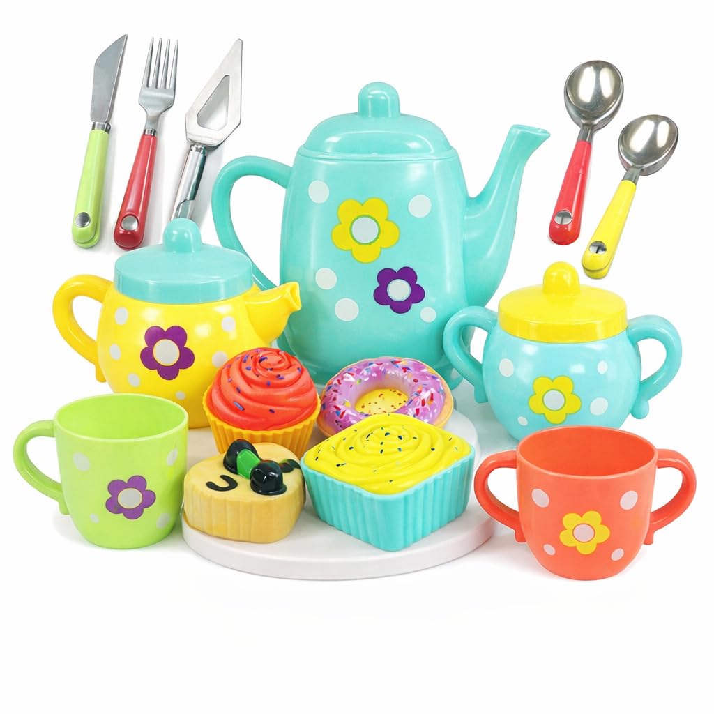 SUPER TOY Plastic Tea Party Pretend Play Kitchen Set with Food Toy for Kids Including Dessert Carrying Case Tea Set for Girls Birthday Toddler Gifts Age 3-12, Multicolor